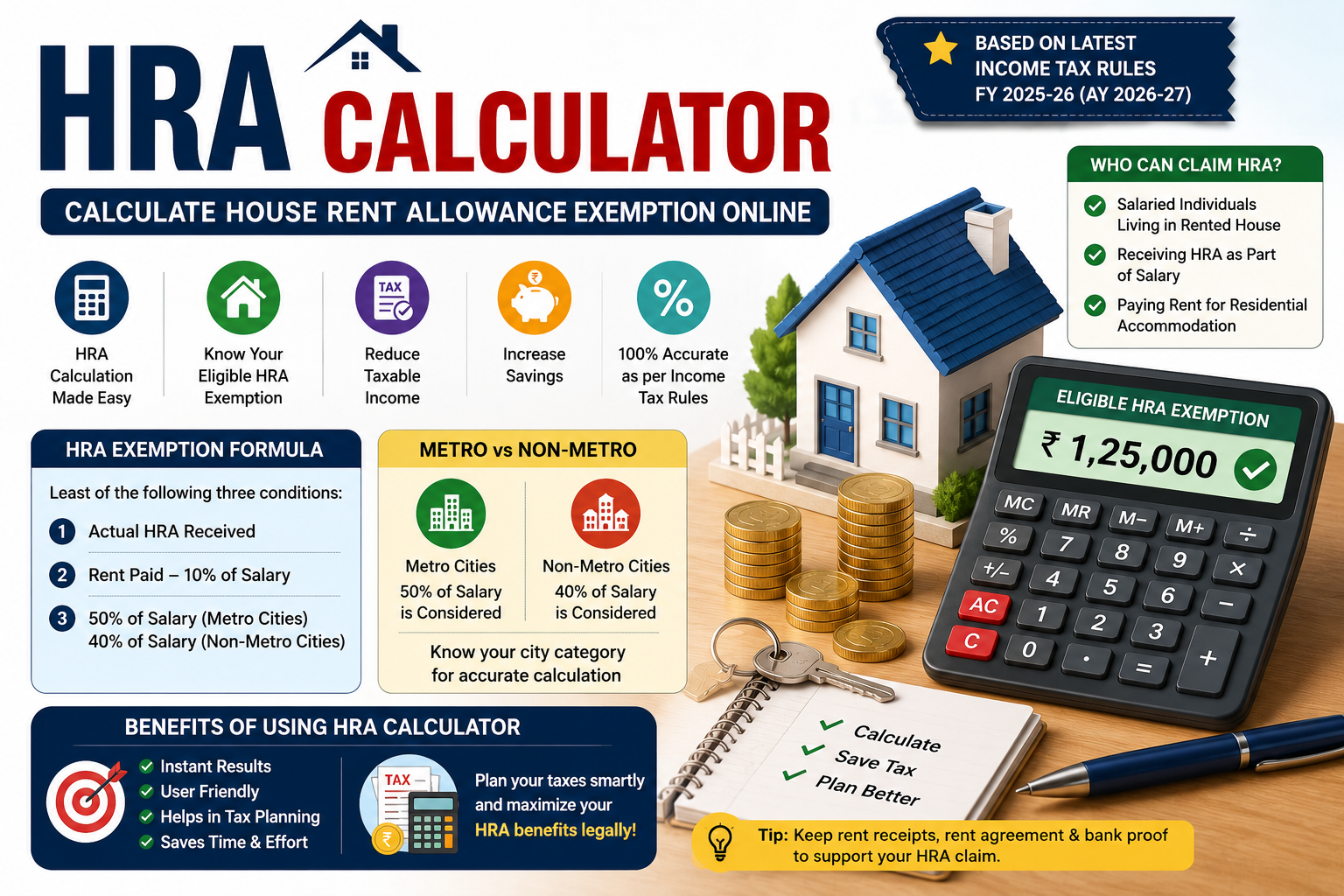 HRA Calculator 2026: Calculate House Rent Allowance Exemption Online
